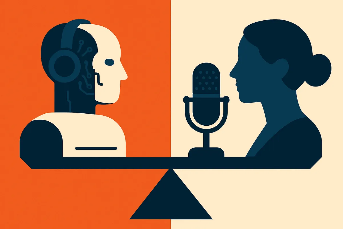Split-screen view of a human narrator in a warm recording studio on the left and a sleek AI audio production interface on the right
