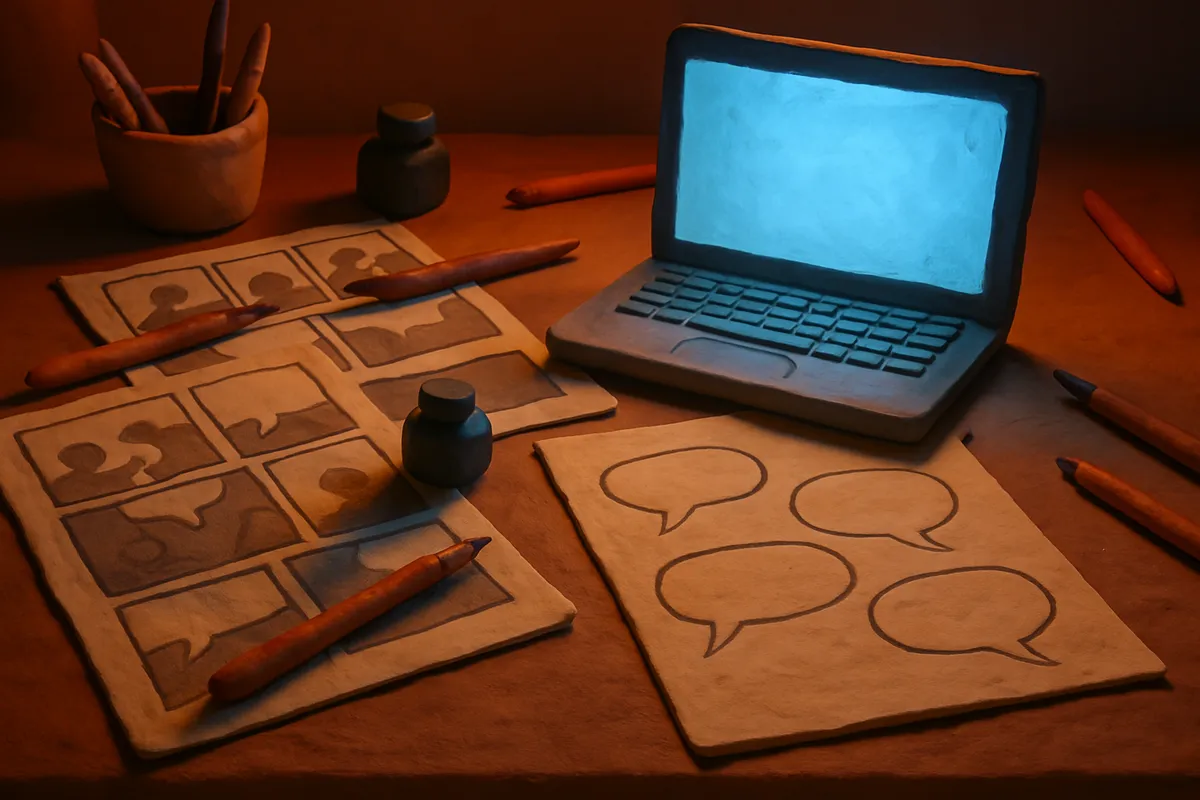 A cluttered comic artist's desk at night with inked panel pages spread out, a glowing laptop screen casting blue light, pencils and ink bottles scattered around, speech bubble sketches visible on paper
