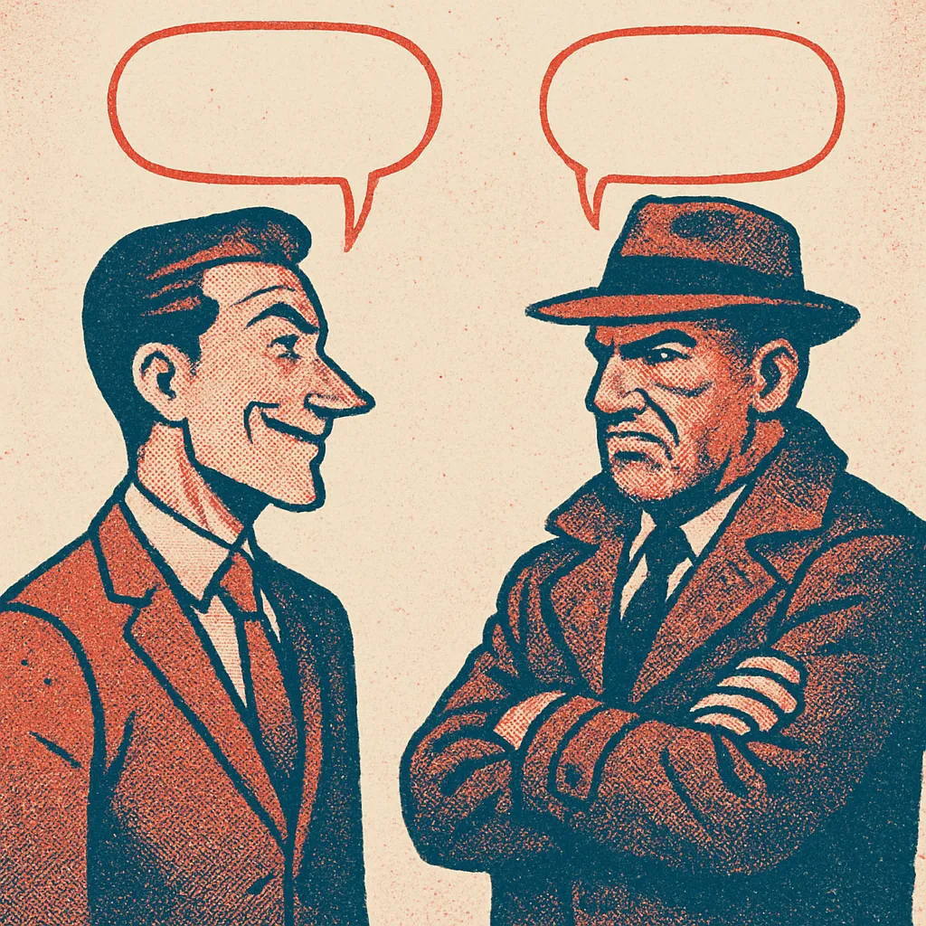 Two contrasting comic book characters face each other in a tense standoff — one a sharp-suited con artist with a smirk, the other a weathered detective with crossed arms — their speech bubbles empty, waiting to be filled