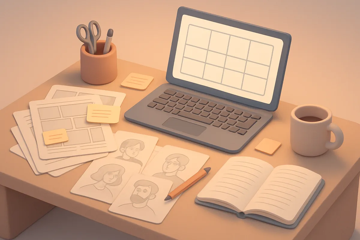 A cluttered but cozy writer's desk covered with open comic script pages, pencil sketches of character faces, sticky notes with dialogue snippets, and a glowing laptop screen showing a panel layout grid