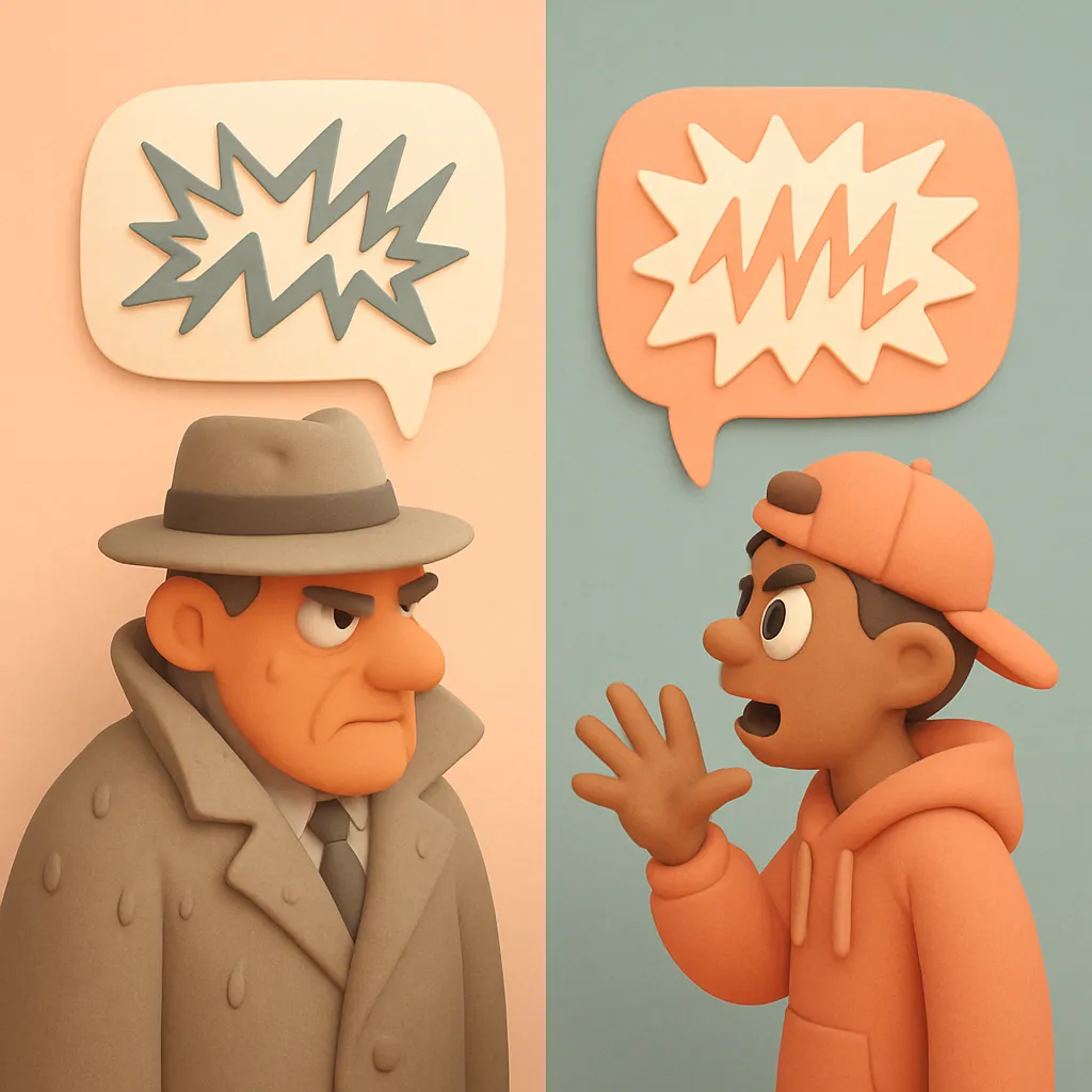 Two contrasting comic book characters facing each other across a split panel — one a gruff detective in a rain-soaked trenchcoat, the other a fast-talking street kid — their speech bubbles filled with jagged, expressive lettering