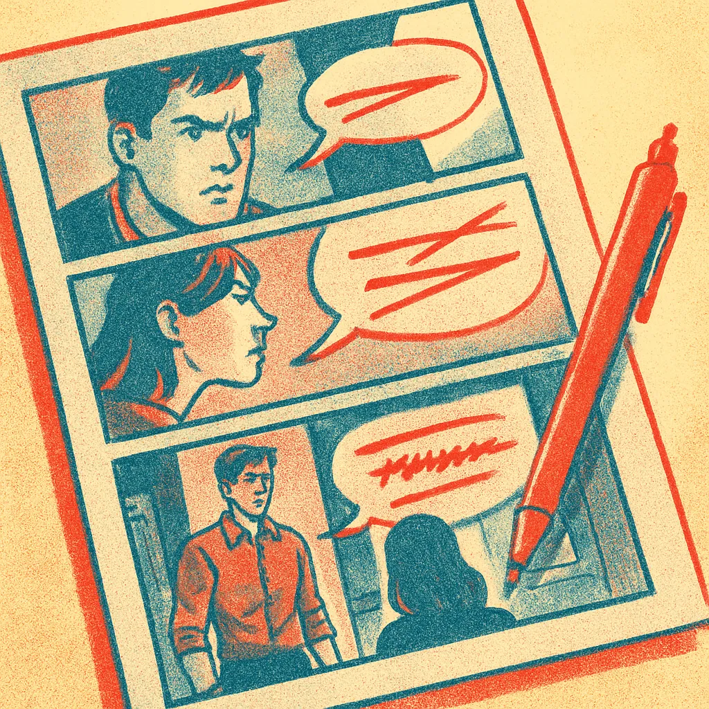 A close-up of an illustrated graphic novel page laid flat on a light table, with red-pen revision marks crossing out bland dialogue and replacing it with sharp, punchy lines in bold ink