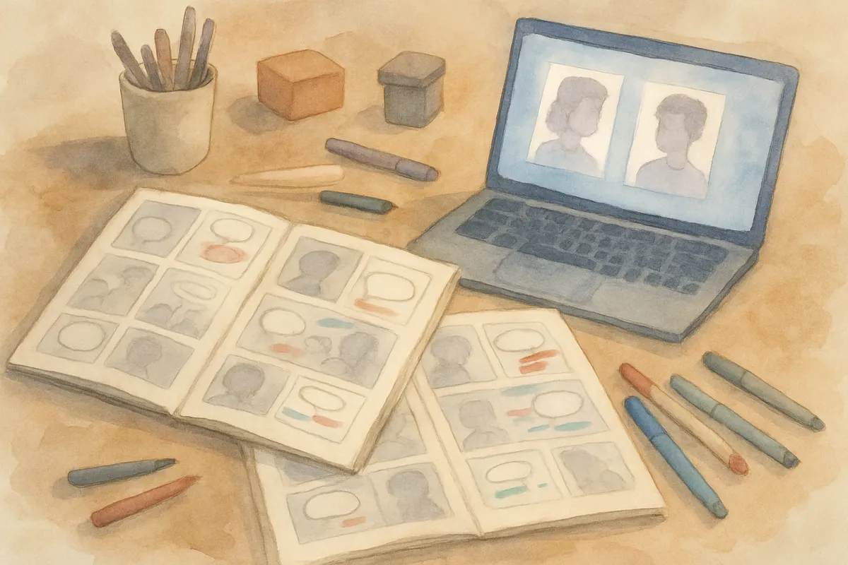 A cluttered artist's desk with open graphic novel pages covered in hand-written dialogue notes, speech bubble sketches, colored marker edits, and a glowing laptop screen showing character profiles, seen from above