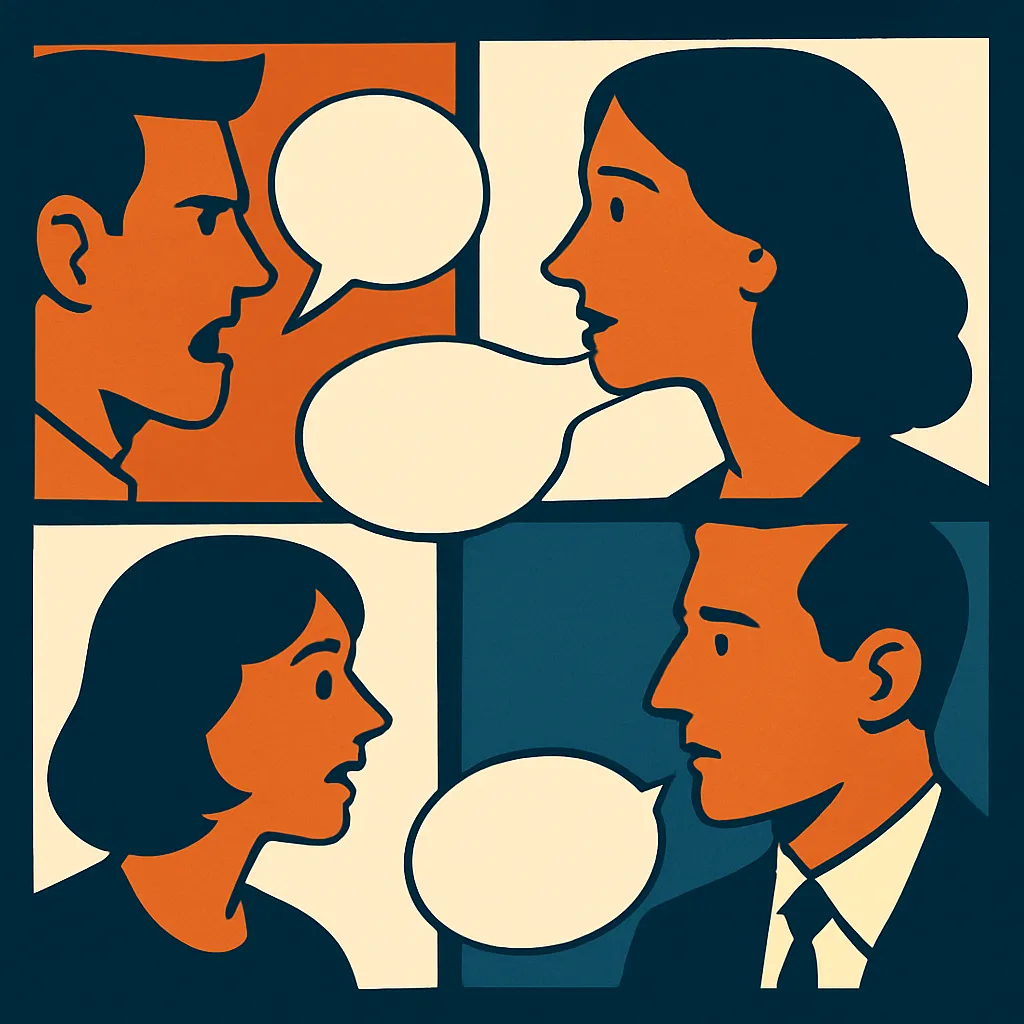 Several comic book panels showing characters with distinct speech bubbles, one speaking in short bursts, another in flowing text, illustrating dialogue style contrast