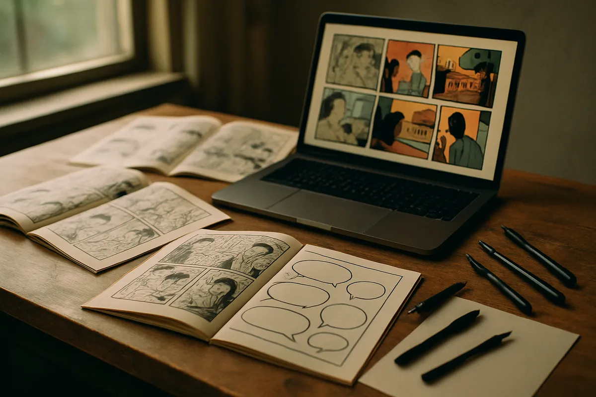 A comic book artist's desk covered with open graphic novel pages, speech bubble sketches, and a glowing laptop screen displaying colorful panel layouts