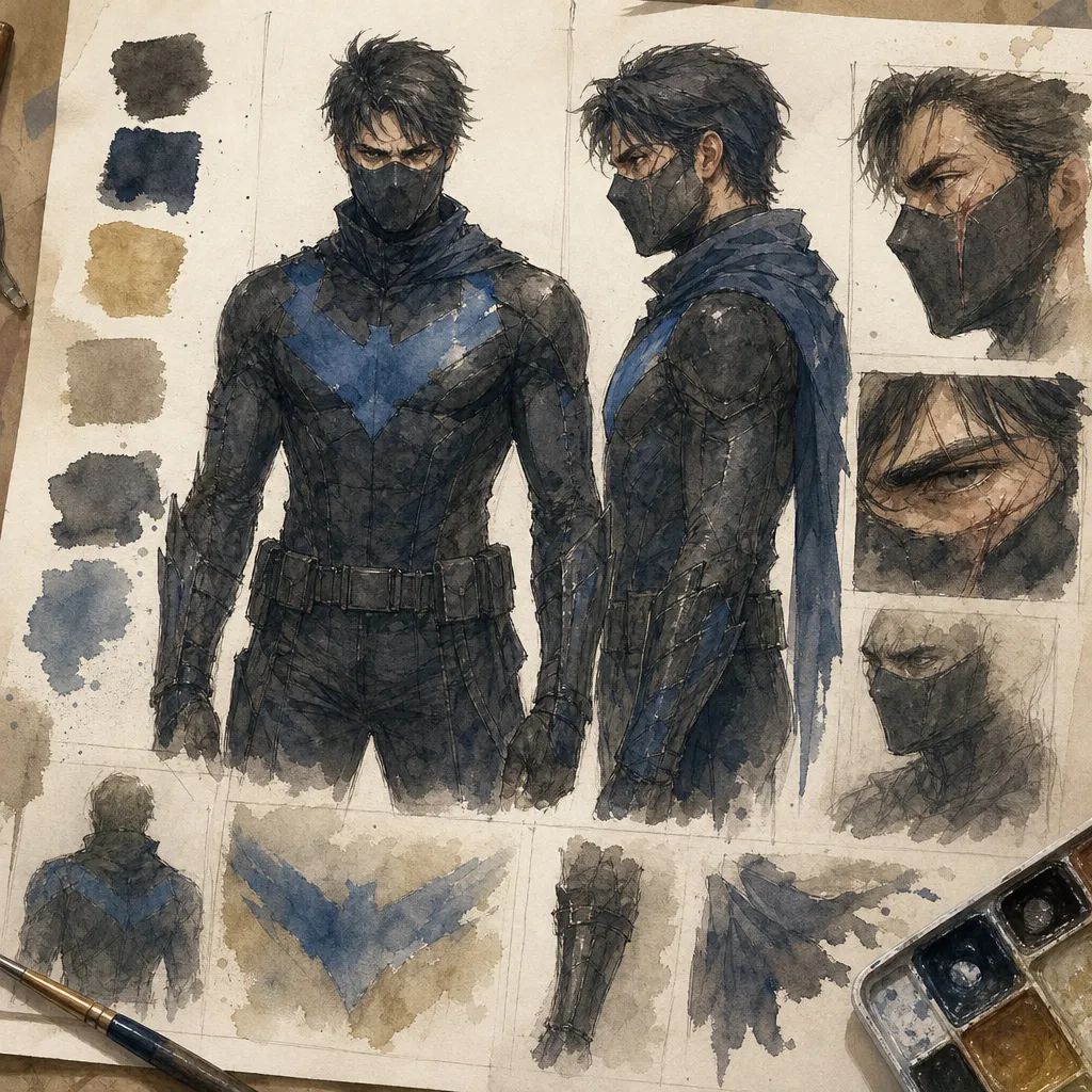 A close-up of a detailed character reference sheet showing front and side views of a masked vigilante, with handwritten margin notes about costume colors, scars, and personality traits