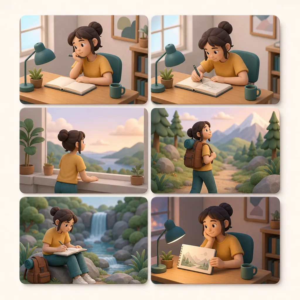 A grid of six sequential graphic novel panels laid out on a light table, showing consistent art style and character proportions across different scenes and backgrounds