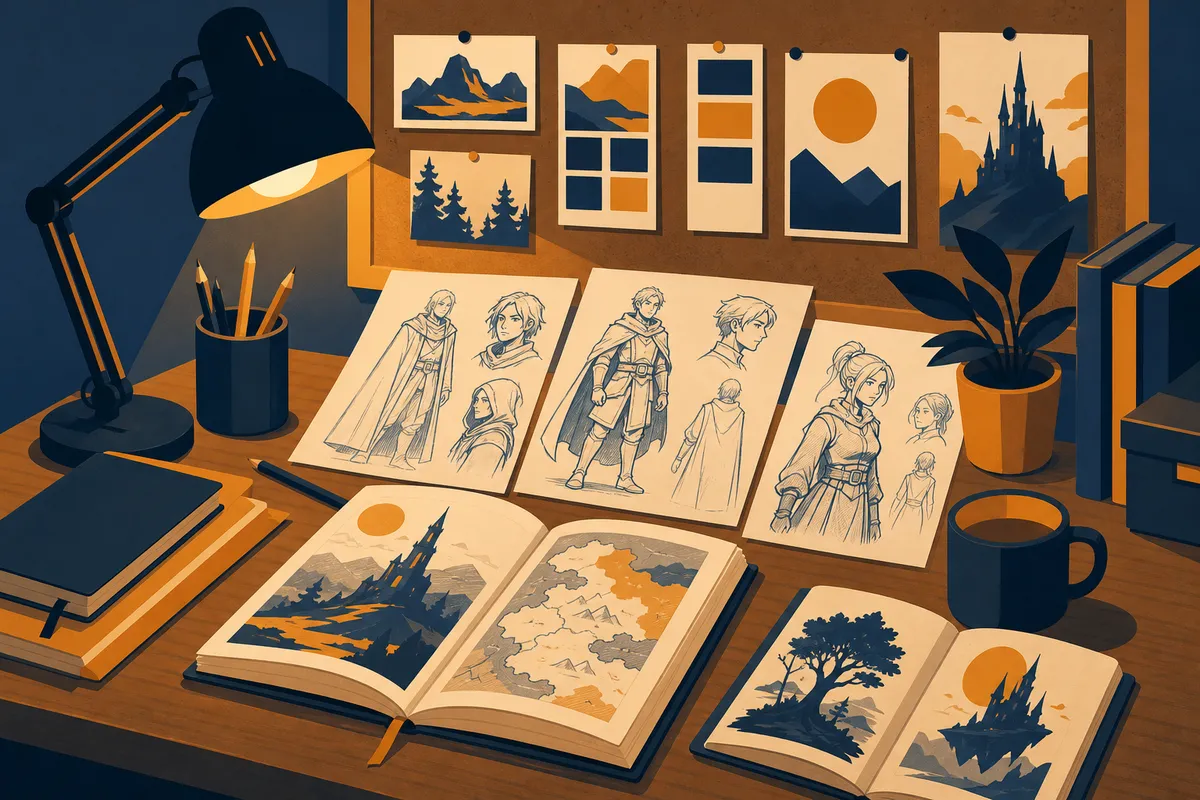 A wide wooden desk covered with hand-drawn character sketches, color-palette swatches pinned to a corkboard, and open notebooks filled with world-building notes, warm lamp light casting soft shadows across the organized creative workspace