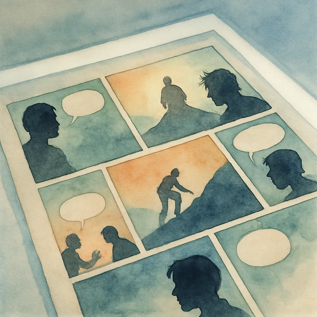 A close-up of a printed graphic novel page spread laid flat on a lightbox, showing a three-act story arc with panel borders, speech bubbles, and bold inked character silhouettes