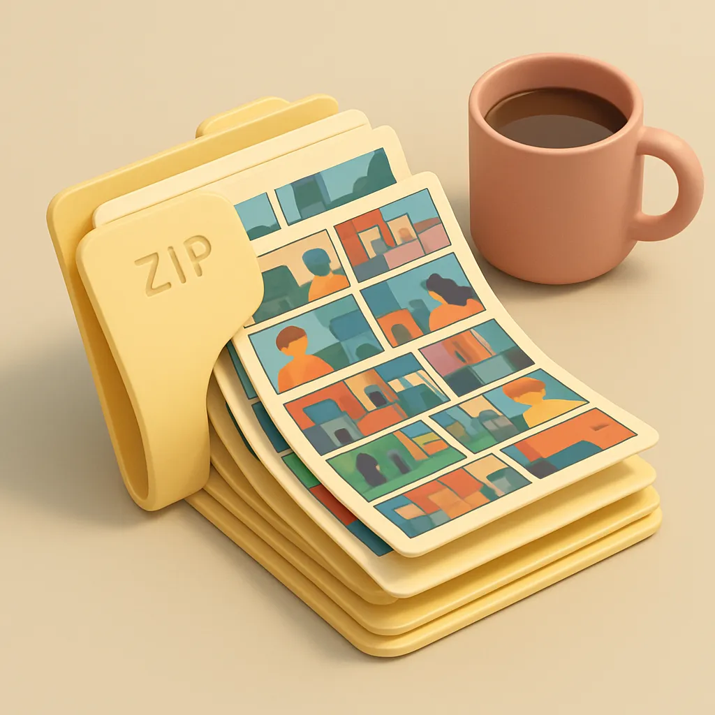 A stack of illustrated ZIP file folders fanned open on a desk, each containing printed graphic novel pages with vivid colors and visible panel grids, beside a coffee mug