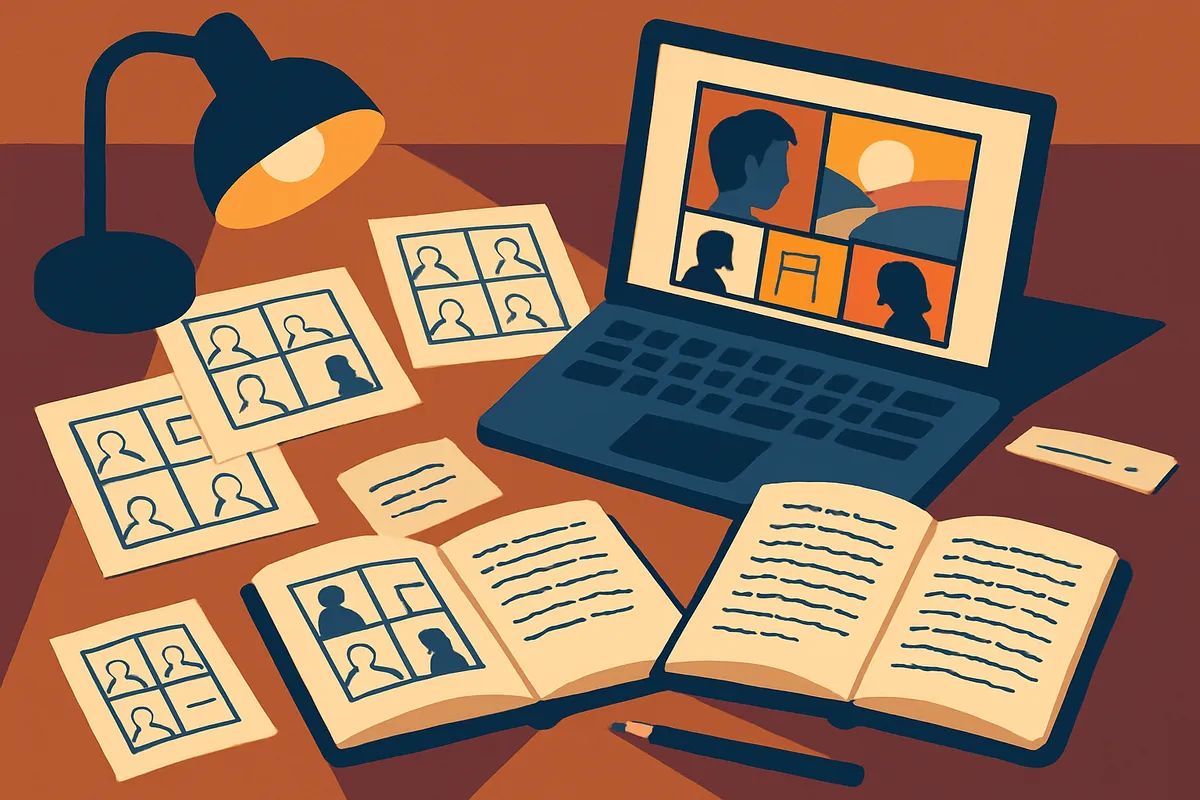 A wooden writing desk covered in pencil-sketched storyboard panels, open notebooks with handwritten scene notes, and a glowing laptop screen showing a colorful illustrated comic page — warm lamp light, overhead angle
