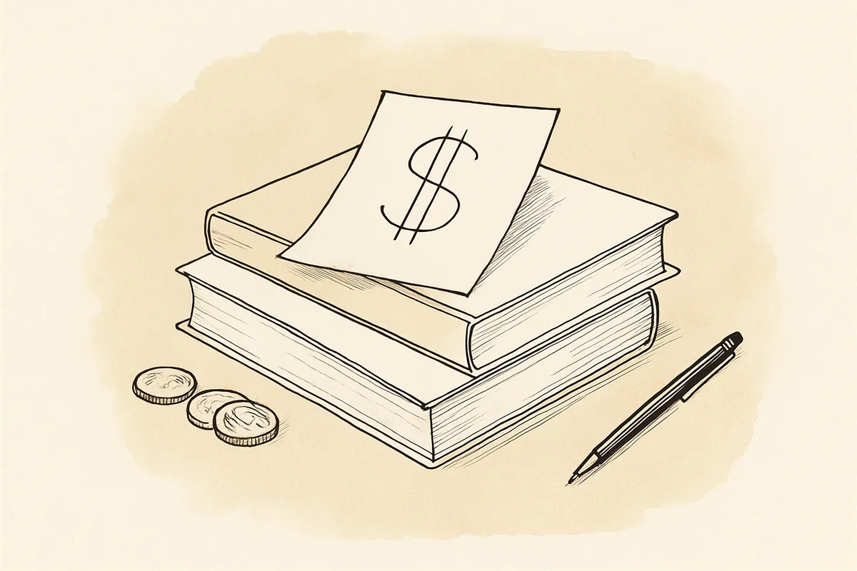 A flat-lay of a manuscript, laptop with publishing dashboard, glasses, coffee mug, and scattered dollar bills on a clean white desk in soft natural light