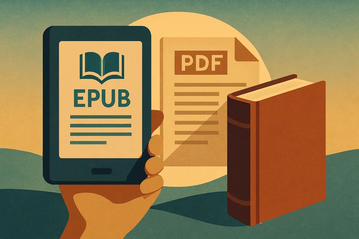Three versions of the same book side by side: an e-reader tablet, a printed paperback, and a PDF document on a clean modern desk with soft natural lighting