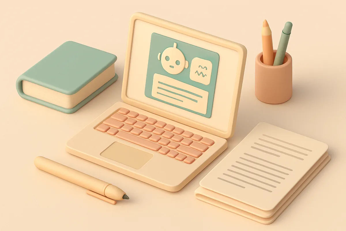 A wide editorial photograph of a modern writer's desk with a sleek laptop displaying glowing text on a dark screen, a worn paperback notebook open beside it, warm morning light streaming through a large window, clean minimalist aesthetic, cinematic depth of field