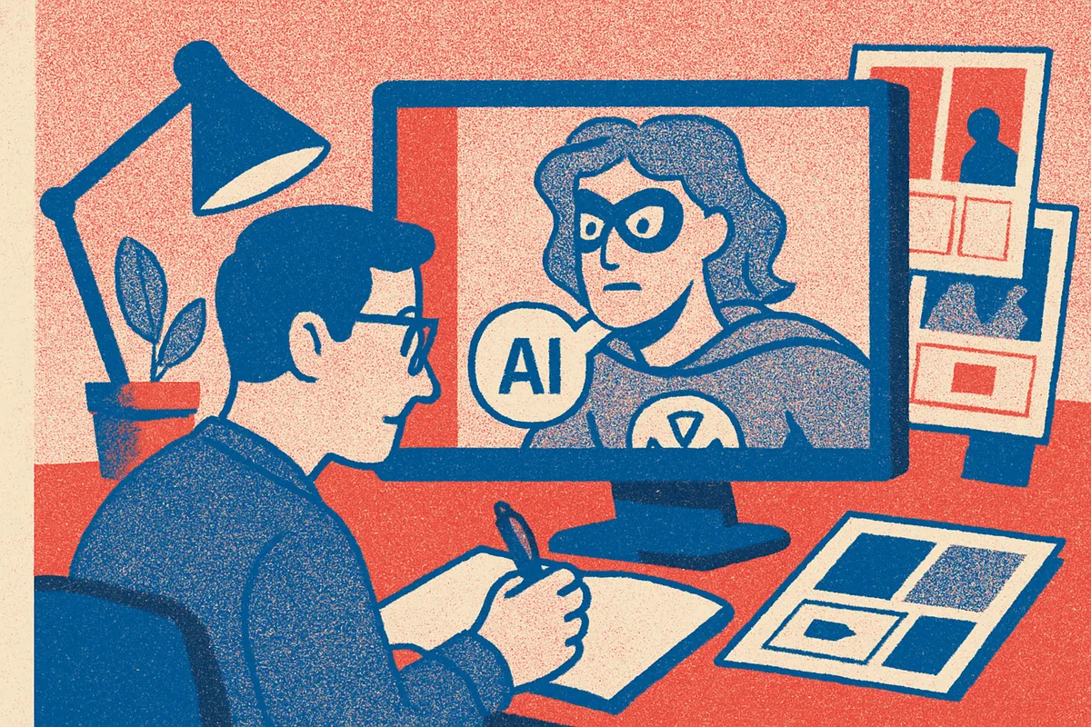 A vivid open graphic novel spread on a wooden desk showing illustrated comic panels with dynamic characters, warm studio lighting