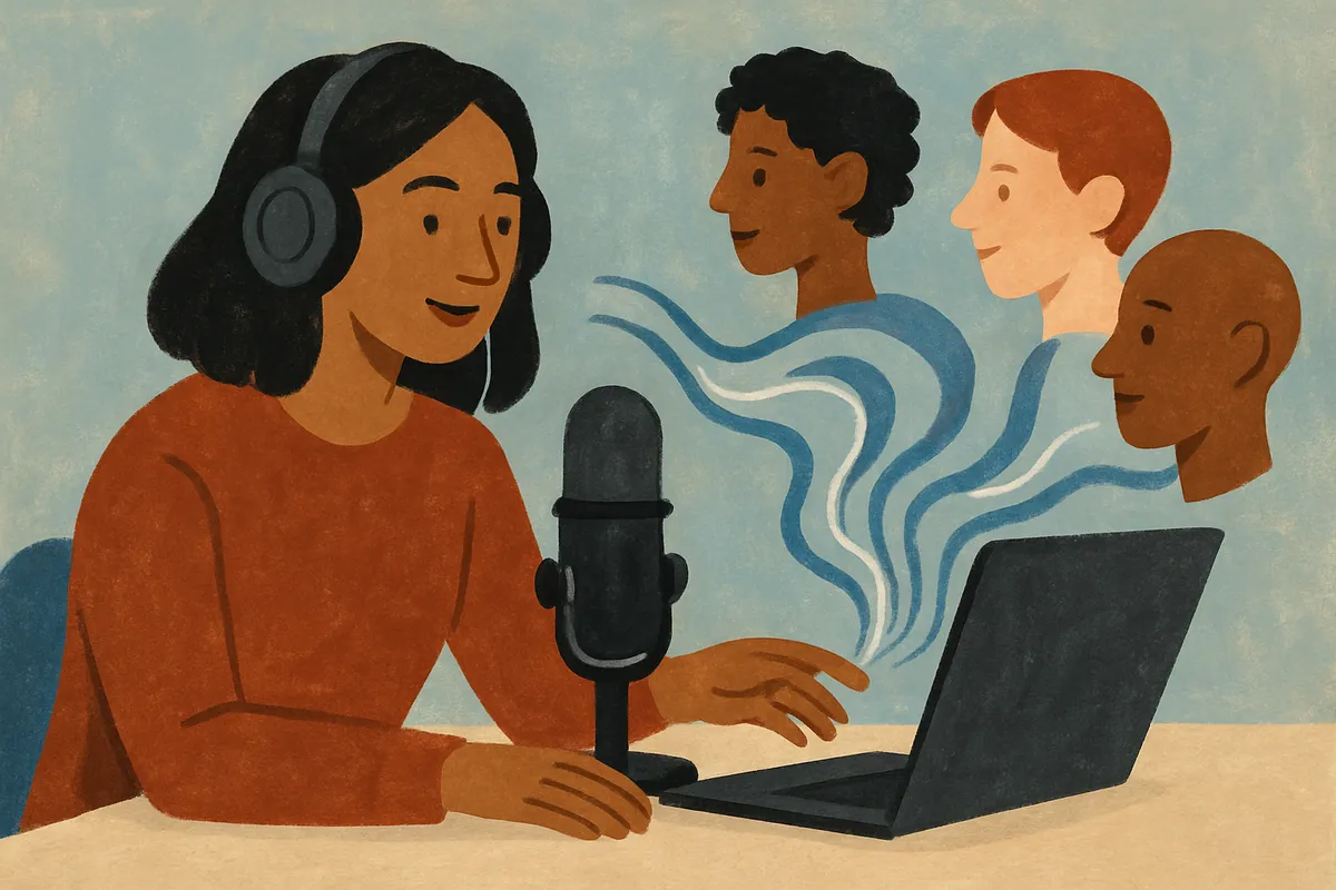 Two glowing human silhouettes facing each other across a podcast studio desk, representing AI-generated multi-voice conversation