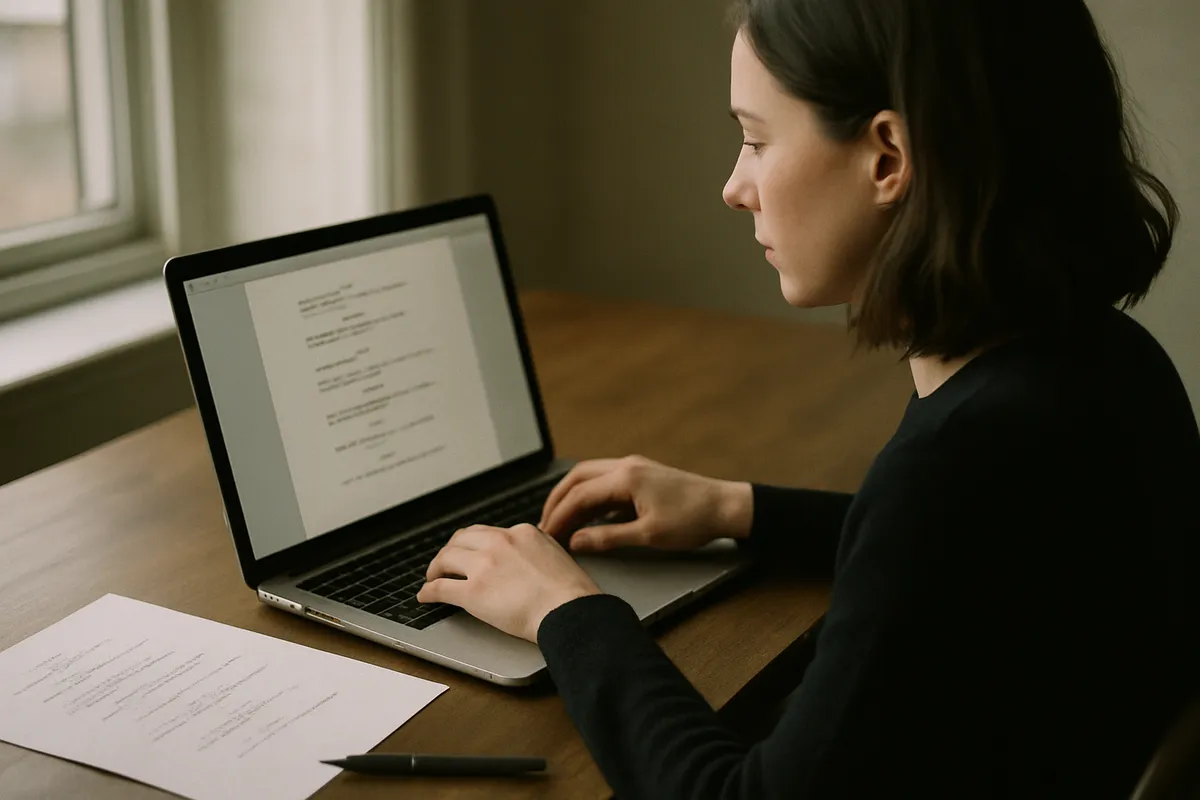 A filmmaker's desk with an open laptop showing a screenplay, a clapperboard, and scattered script pages under warm directional lighting