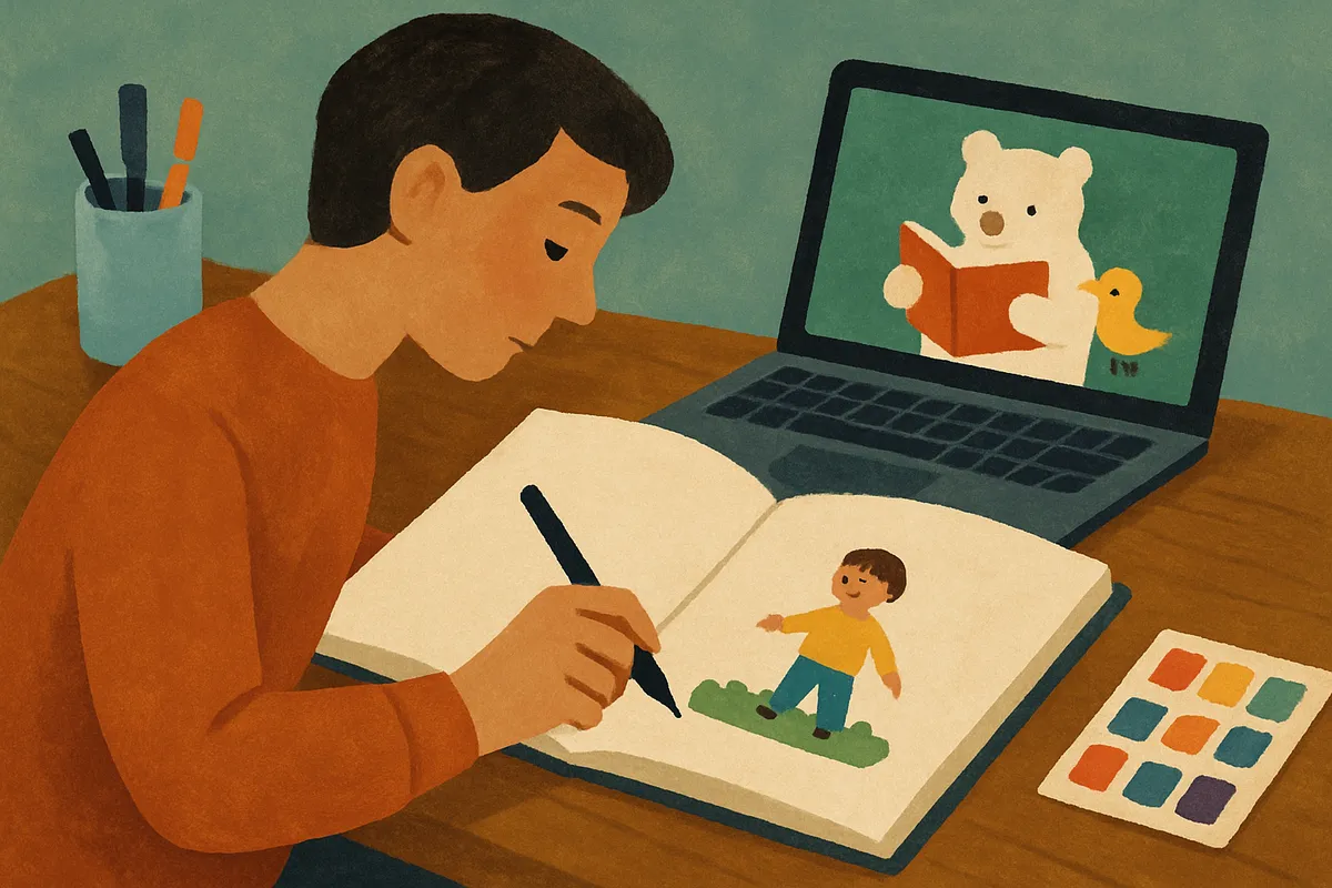 A warm sunlit children's book studio with an open illustrated picture book, a tablet displaying a digital art interface, and scattered colored pencils